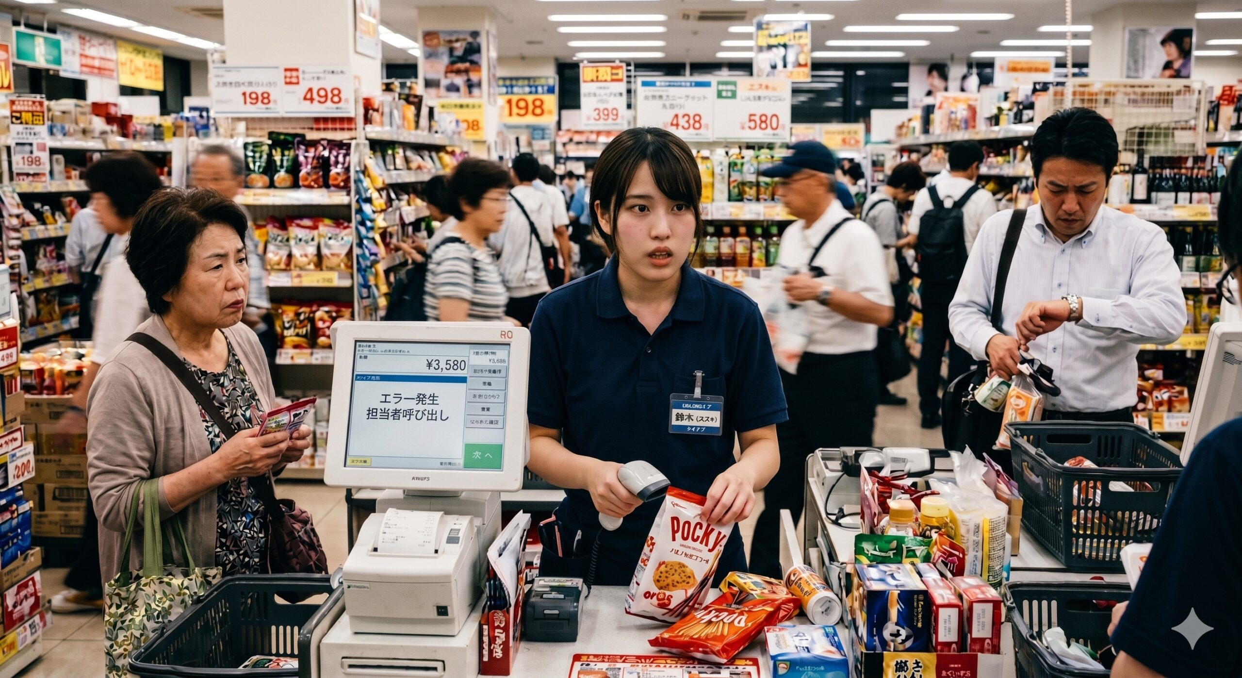 研修不足でレジ対応に困るスタッフの様子