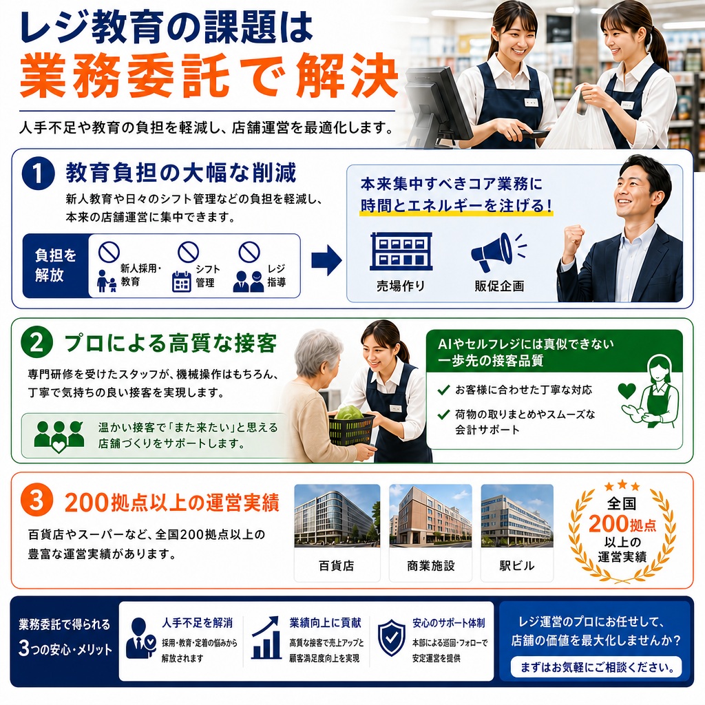 レジ教育の課題は業務委託で解決