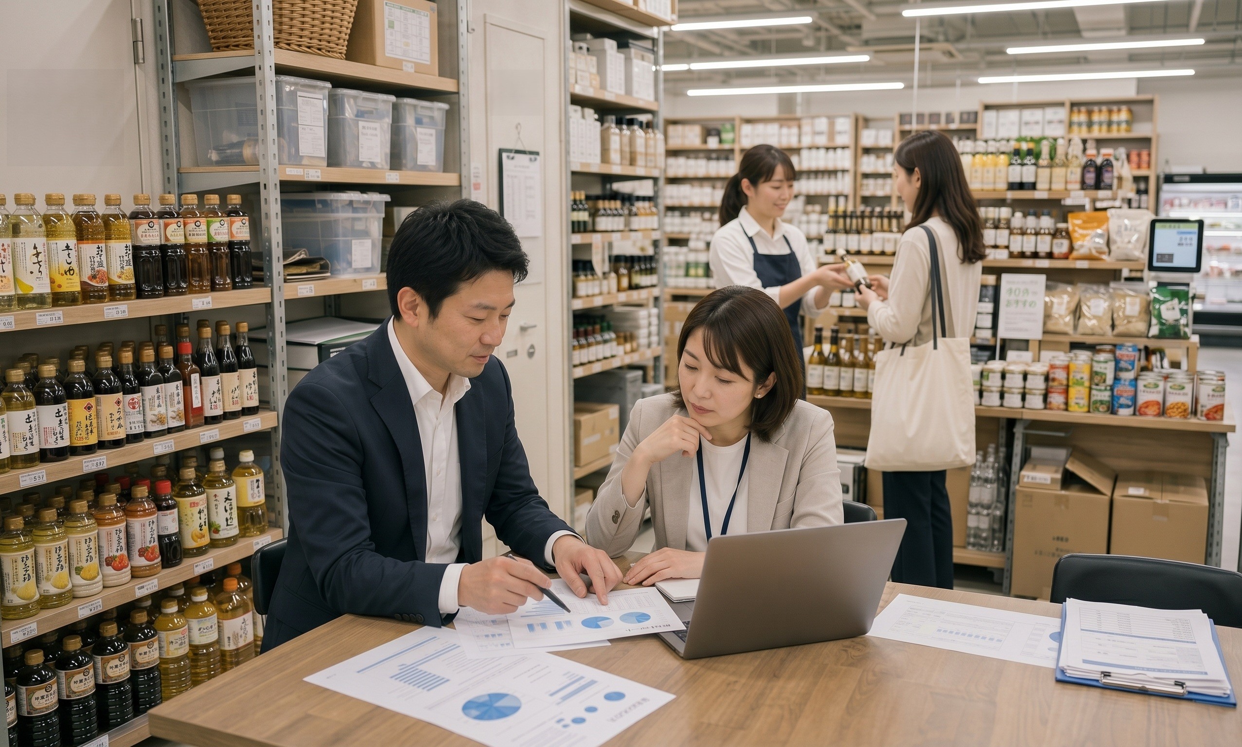 担当者と販売チーフが資料を確認している写真